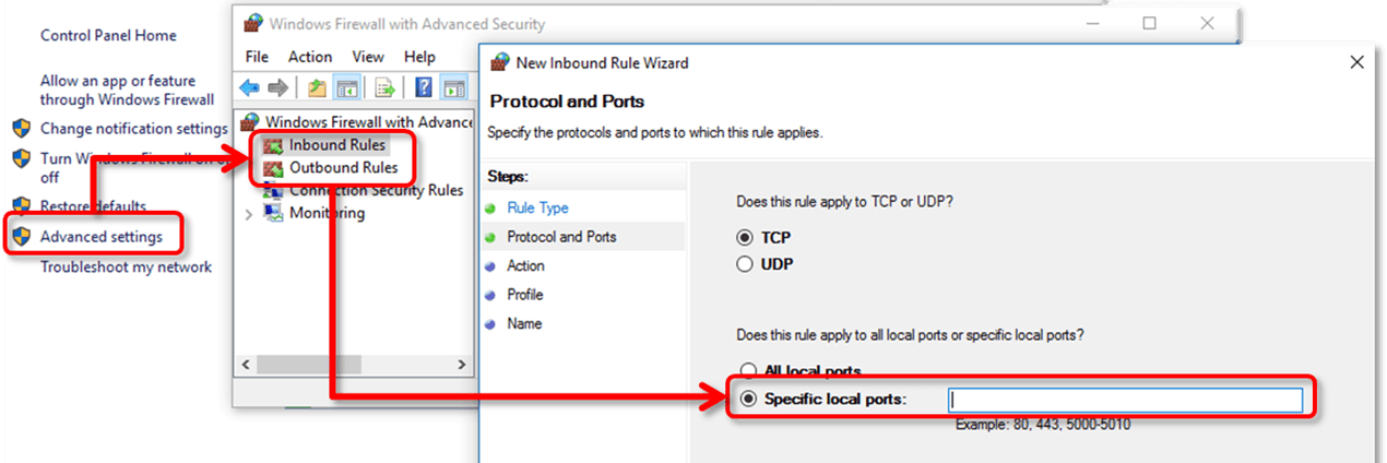 Windows Firewall with Advanced Security: the Advanced settings link, the Inbound Rules and Outbound Rules nodes, and the New Inbound Rule Wizard Protocol and Ports page with TCP selected and an empty Specific local ports field