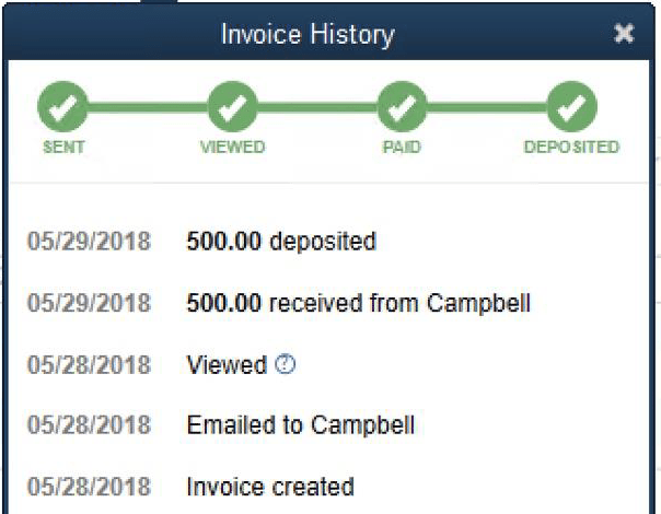 QuickBooks Desktop Invoice History panel showing a Sent, Viewed, Paid and Deposited progress trail above a dated event log listing invoice created, emailed to the customer, viewed, received and deposited