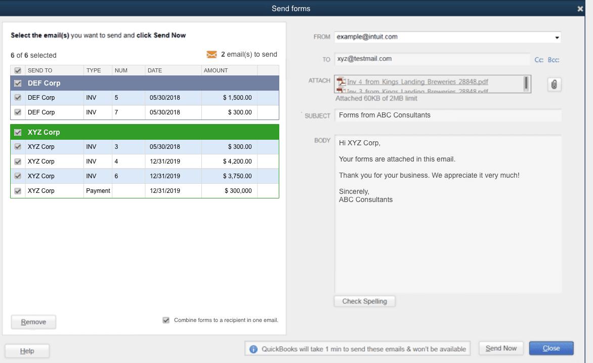 QuickBooks Desktop Send Forms window showing six queued invoices grouped by recipient on the left and the From, To, Attach, Subject and Body fields with a Send Now button on the right