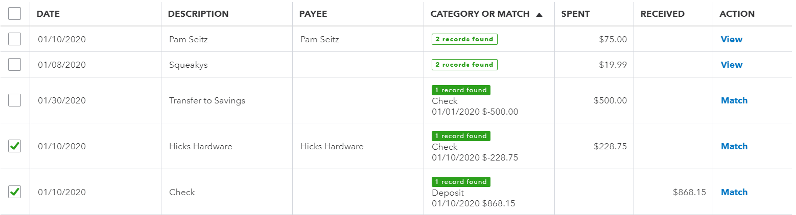 QuickBooks Online For Review table showing five downloaded transactions with a CATEGORY OR MATCH column reporting one or two records found, the proposed matching check or deposit beneath each, and an ACTION column offering View or Match