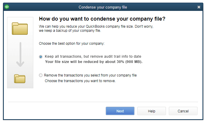QuickBooks Desktop Condense your company file dialog offering two options — keep all transactions but remove audit trail info, with an estimated file size reduction, or remove selected transactions — above Next, Help, and Cancel buttons