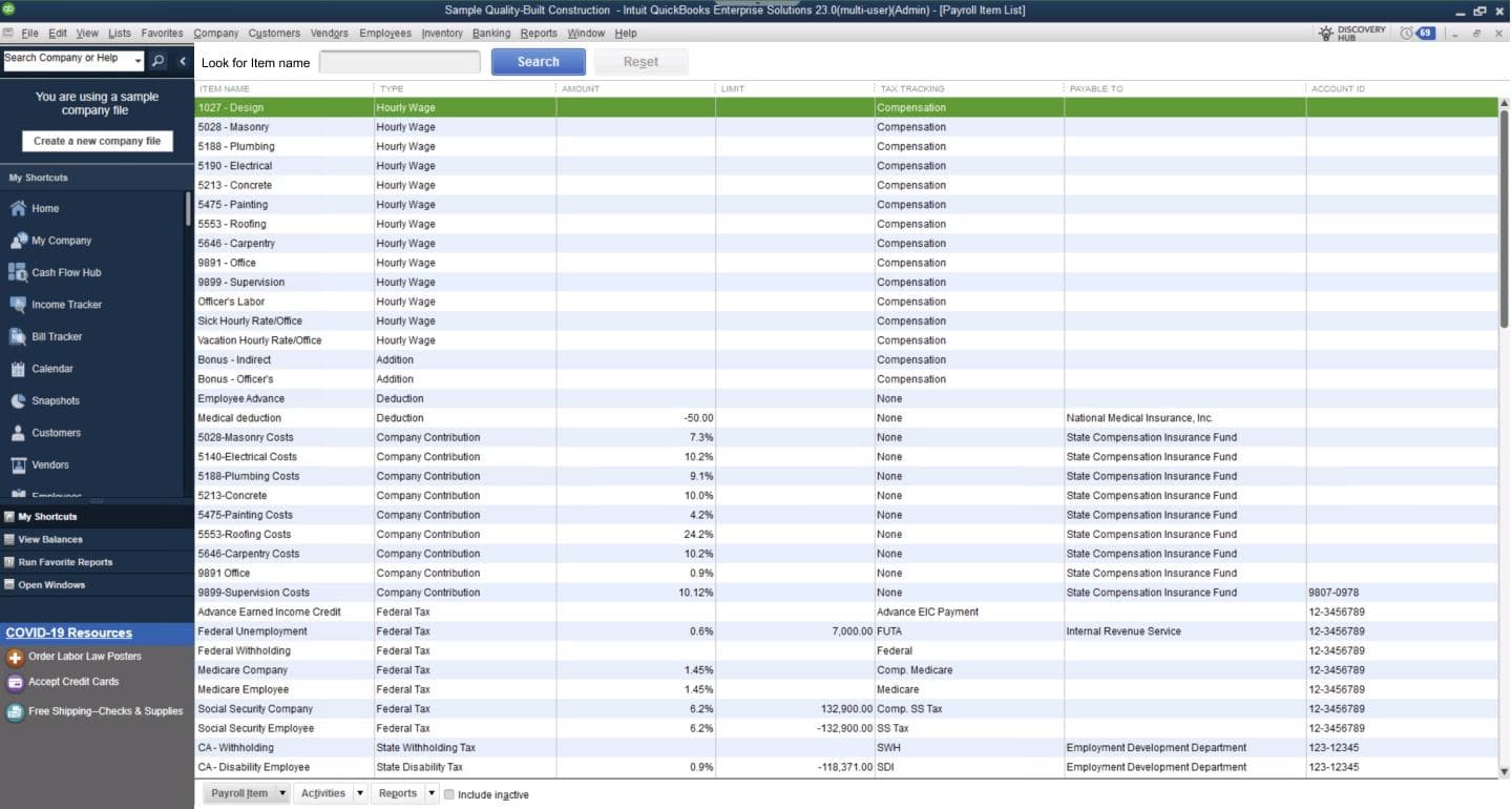 QuickBooks Desktop Payroll Item List showing item types, limits, tax tracking, and payable-to columns in a sample company