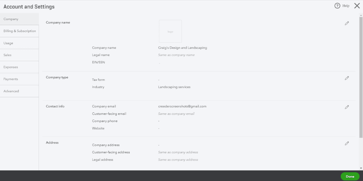 QuickBooks Online Account and Settings dialog open on the Company tab, with Billing and Subscription, Usage, Sales, Expenses, Payments, and Advanced tabs down the left side and company name, company type, contact info, and address blocks on the right, each with its own edit pencil