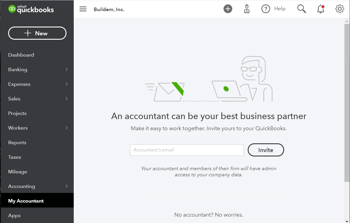 QuickBooks Online My Accountant page with an Accountant’s email field, an Invite button, and a note that the accountant and members of their firm will have admin access to the company data