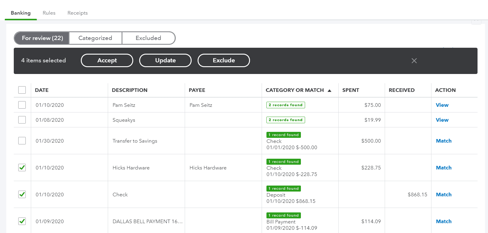 QuickBooks Online For review table with a selection bar offering Accept, Update, and Exclude, above columns for date, description, payee, category or match, spent, received, and action