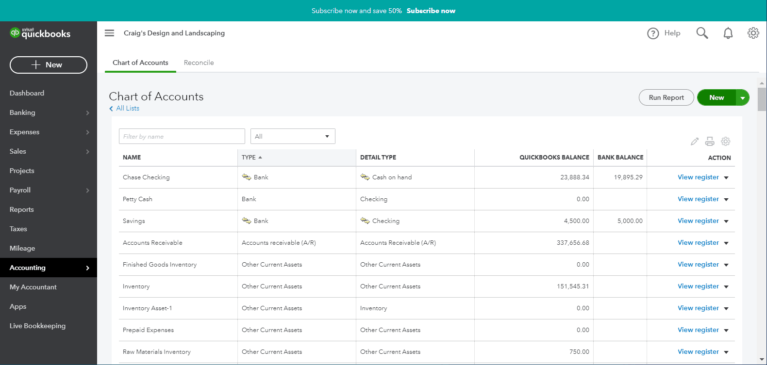 QuickBooks Online Chart of Accounts list for a fictional training company
