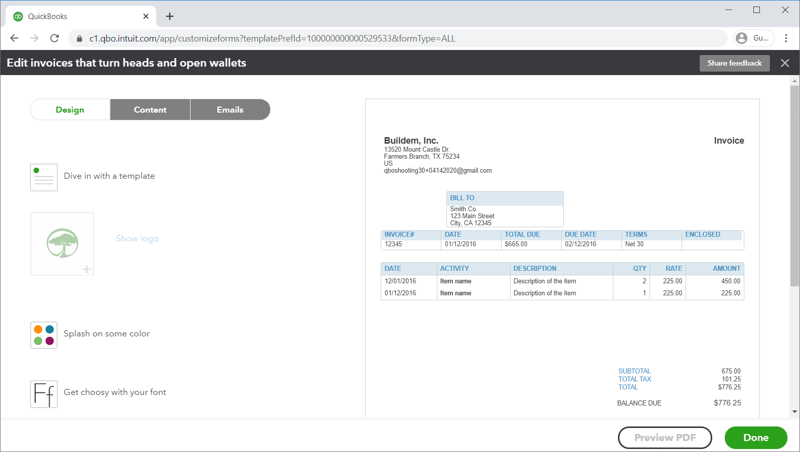QuickBooks Online custom form style editor with invoice content and design preview