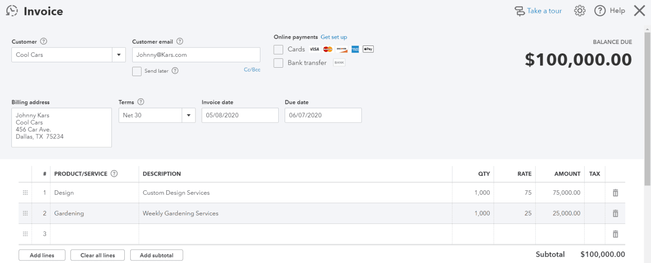 QuickBooks Online invoice editor showing customer, terms, invoice lines, subtotal, tax, total, and save actions