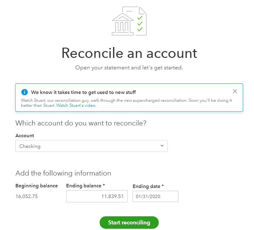 QuickBooks Online Reconcile an account start screen with an account selector set to Checking, a read-only beginning balance of 16,052.75, an Ending balance field containing 11,839.51, an Ending date field containing 01/31/2020, and a Start reconciling button