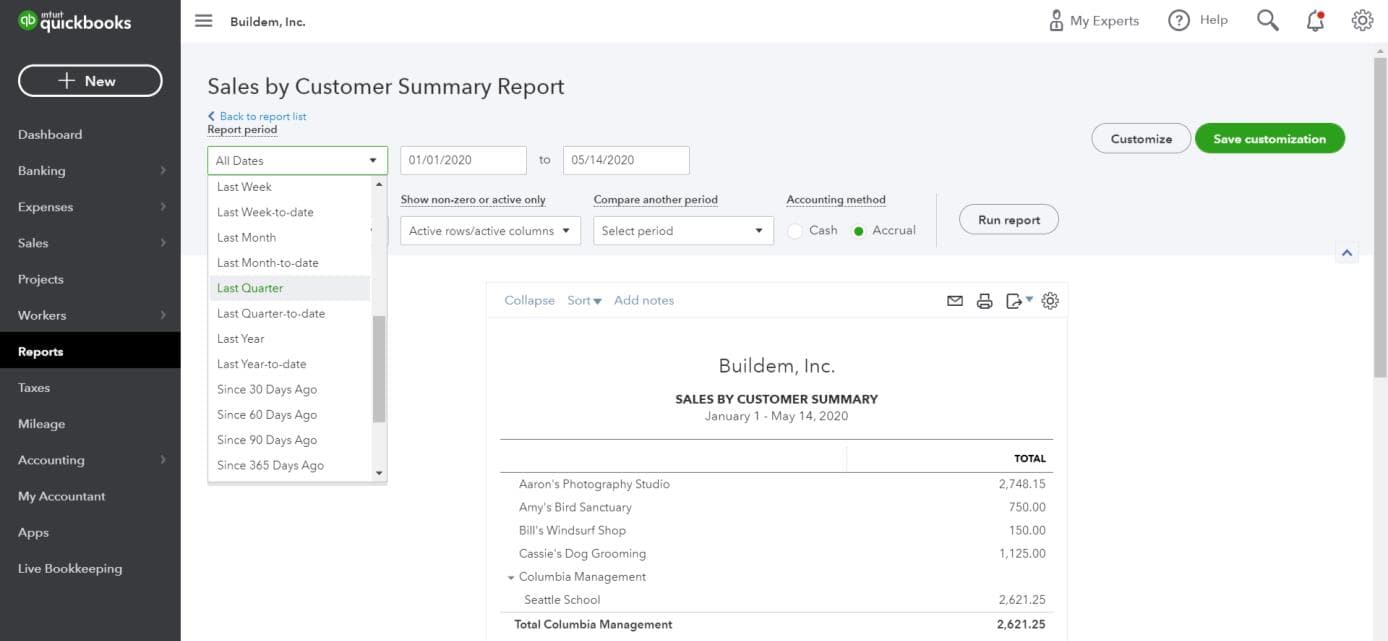 QuickBooks Online Sales by Customer Summary Report with its header controls in view: an open Report period list offering Last Week through Since 365 Days Ago, an explicit from and to date range, a Show non-zero or active only selector, a Compare another period selector, a Cash or Accrual accounting-method toggle set to Accrual, and Run report, Customize, and Save customization buttons