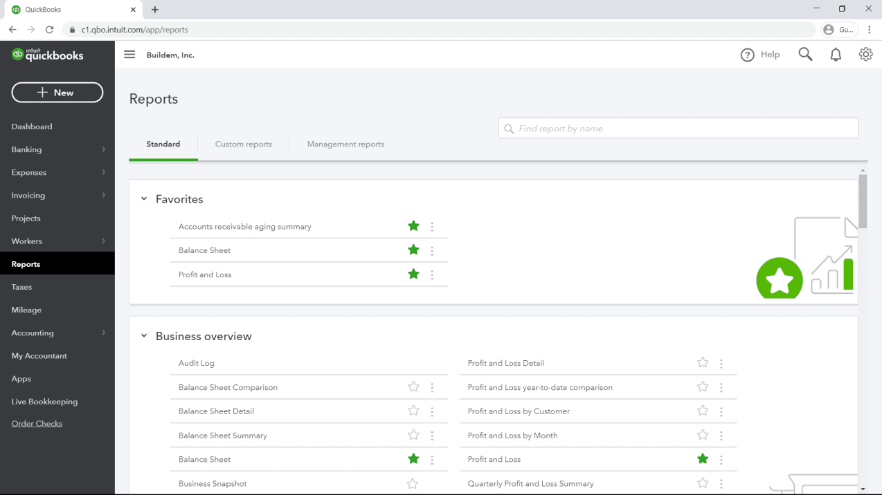 QuickBooks Online Reports center showing report categories and the report search field