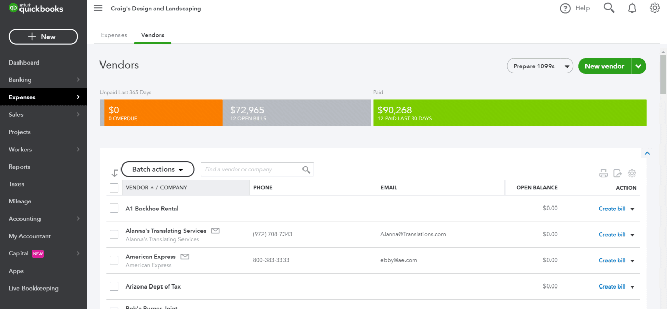 QuickBooks Online Vendors list under Expenses, with a Prepare 1099s button, unpaid and paid summary tiles, and a table of vendors showing company name, phone, email, open balance, and a Create bill action