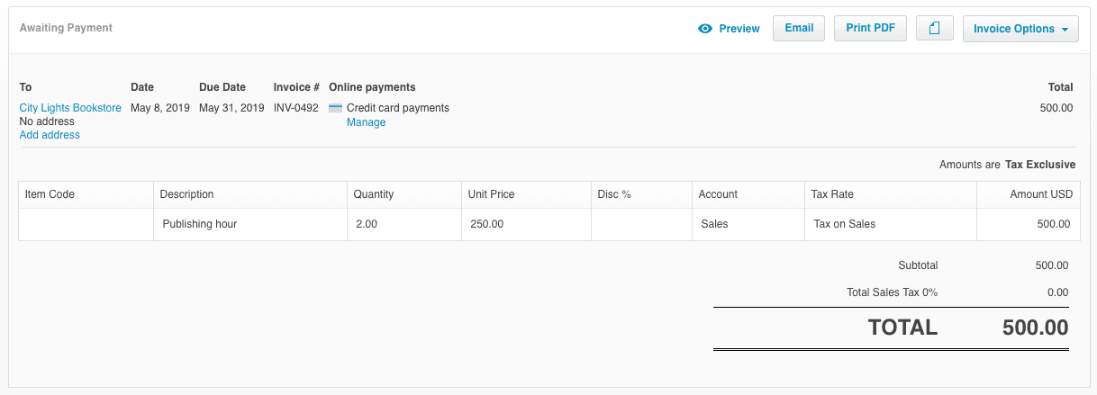 Xero invoice in Awaiting Payment status showing customer, dates, invoice number, online payment option, tax-exclusive setting, a single line item, and the total