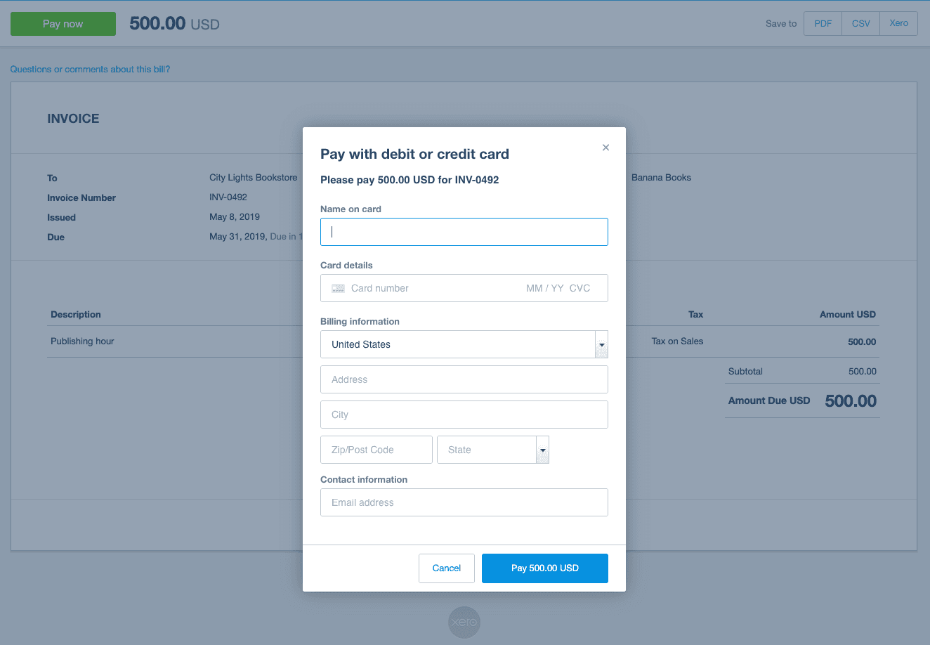 Xero online invoice with a Pay with debit or credit card panel open over it, showing the amount, invoice number, card and billing fields, and the amount due on the invoice behind