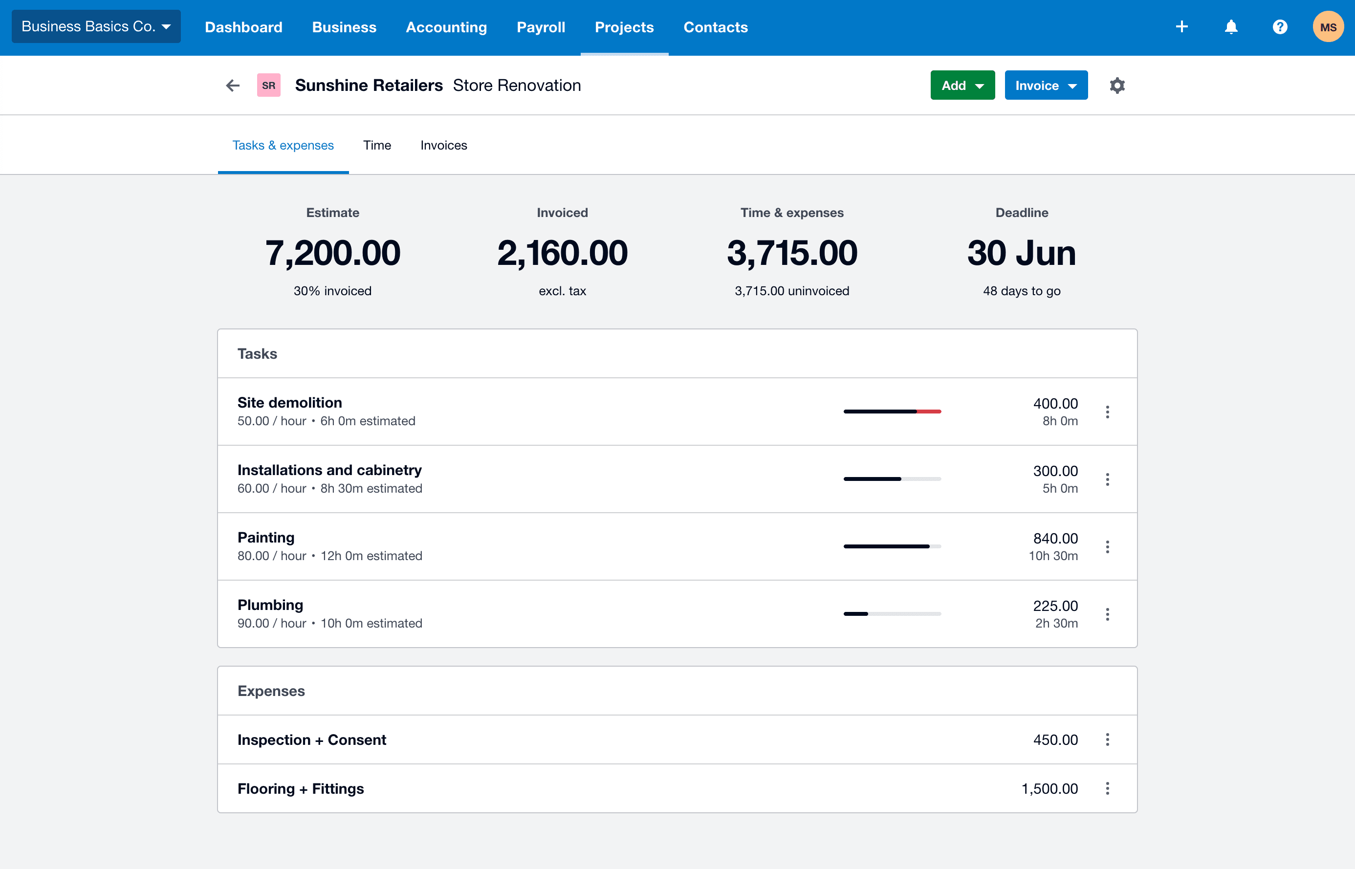 Xero Projects view of a store renovation job showing estimate, invoiced amount, time and expenses, deadline, four tasks with hourly rates and estimated hours, and two expense lines