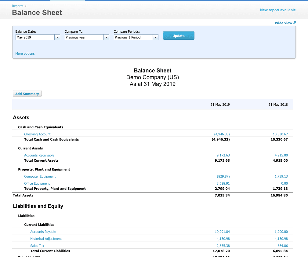 Xero demo-company Balance Sheet with balance date, comparison controls, and asset, liability, and equity sections in two dated columns